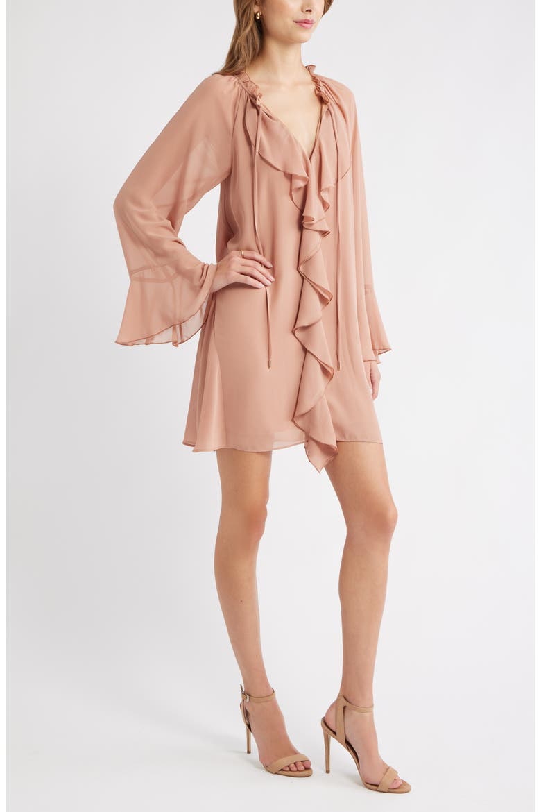 Ruffle Chiffon Shift Dress, Alternate, color, TAN CORK