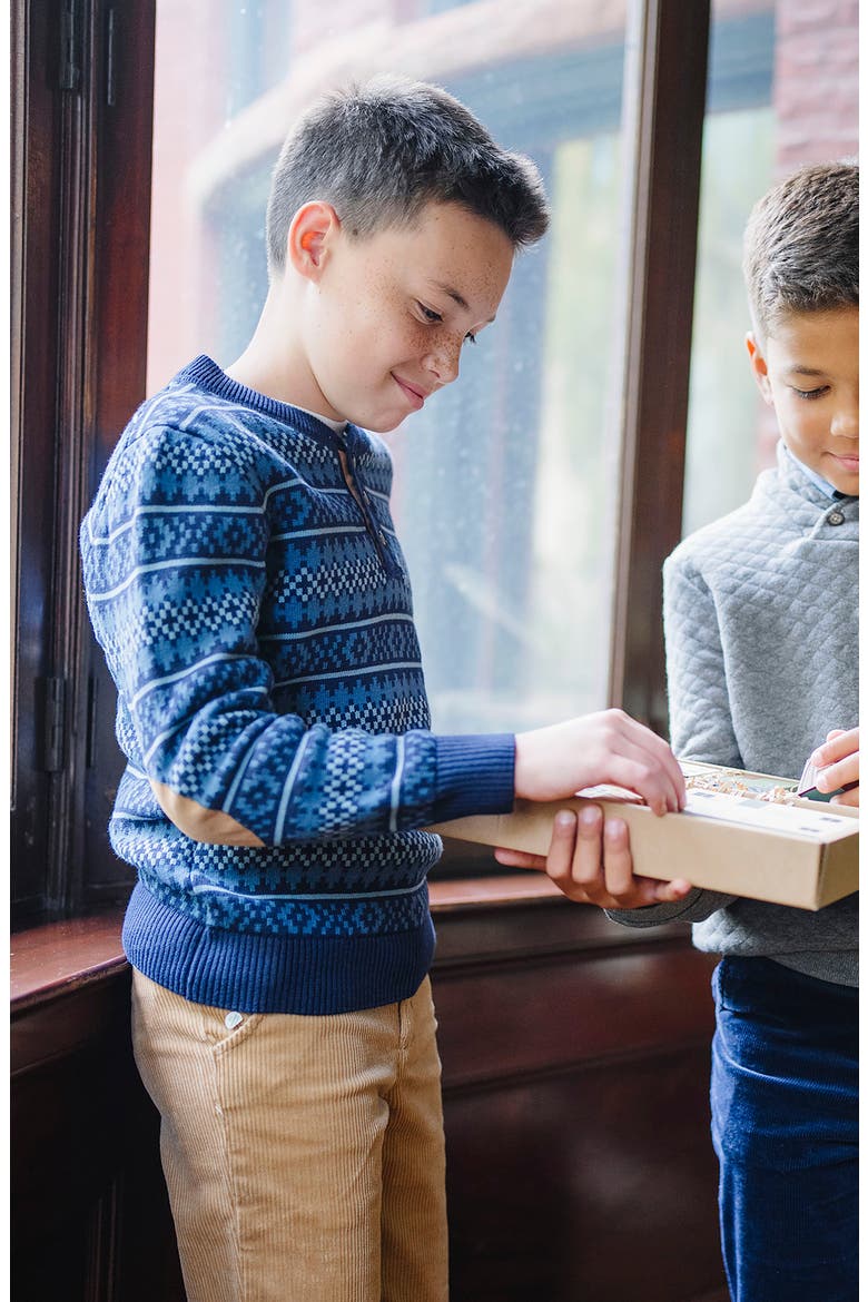 Kids' Organic Long Sleeve Henley Pullover Sweater with Elbow Patches, Alternate, color, Ivory Purl Stripe
