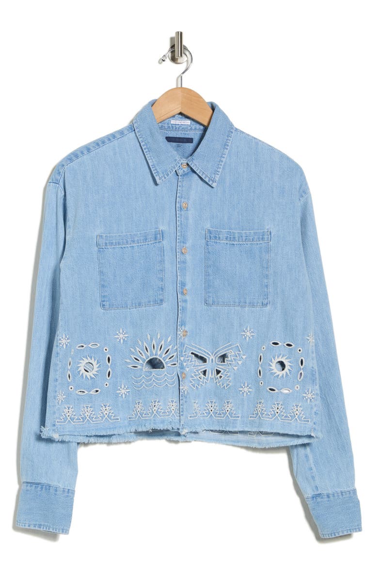 MOTHER Roomie Embroidered Fray Hem Crop Denim Shirt Jacket, Main, color,