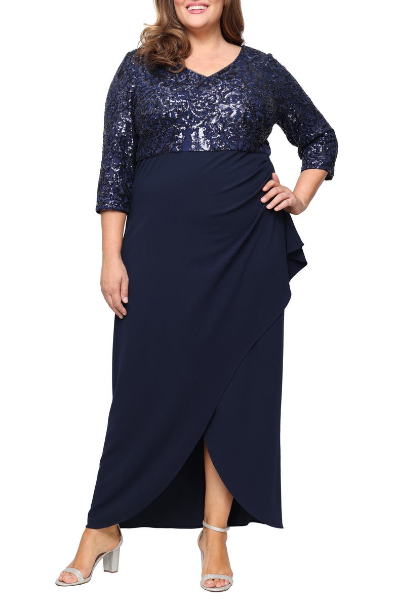SL FASHIONS Sequin Bodice Scuba Crepe Mixed Media Gown, Main, color, Navy