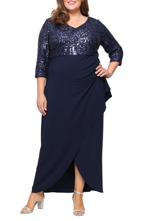 Sequin Bodice Scuba Crepe Mixed Media Gown (Plus)
