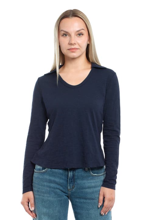 Scoop Neck Long Sleeve Polo Tee with Round Hem