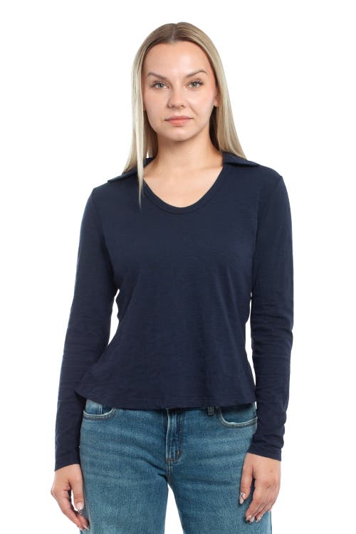 Wilt Clothing Scoop Neck Long Sleeve Polo Tee With Round Hem In Blue