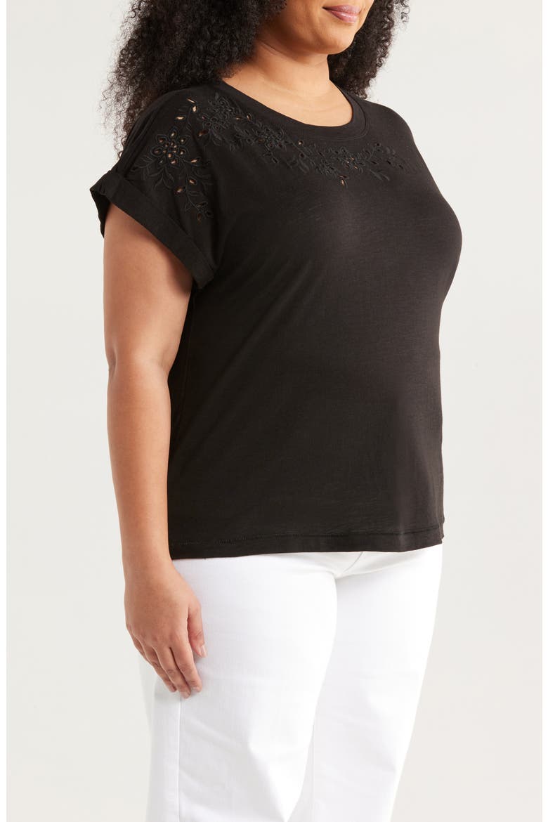 Embroidered Eyelet Cap Sleeve T-Shirt, Alternate, color, BLACK