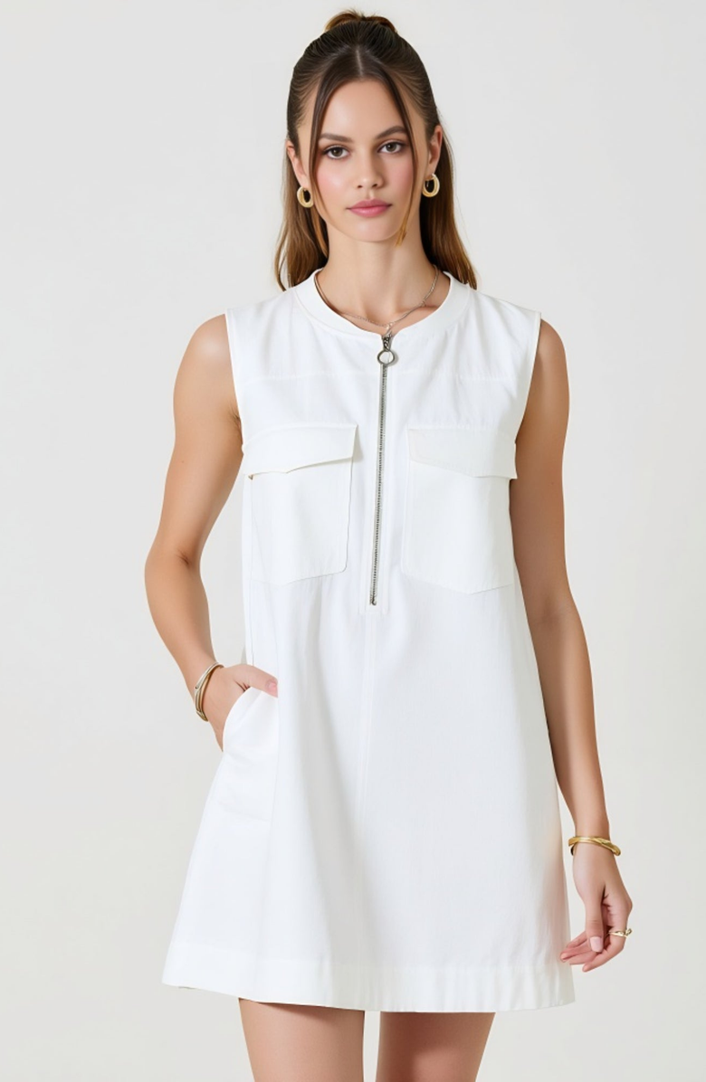 Modenaire Sleeveless Ring-Pull Zip-Front Patch-Pocket Mini Dress, Alternate, color, White