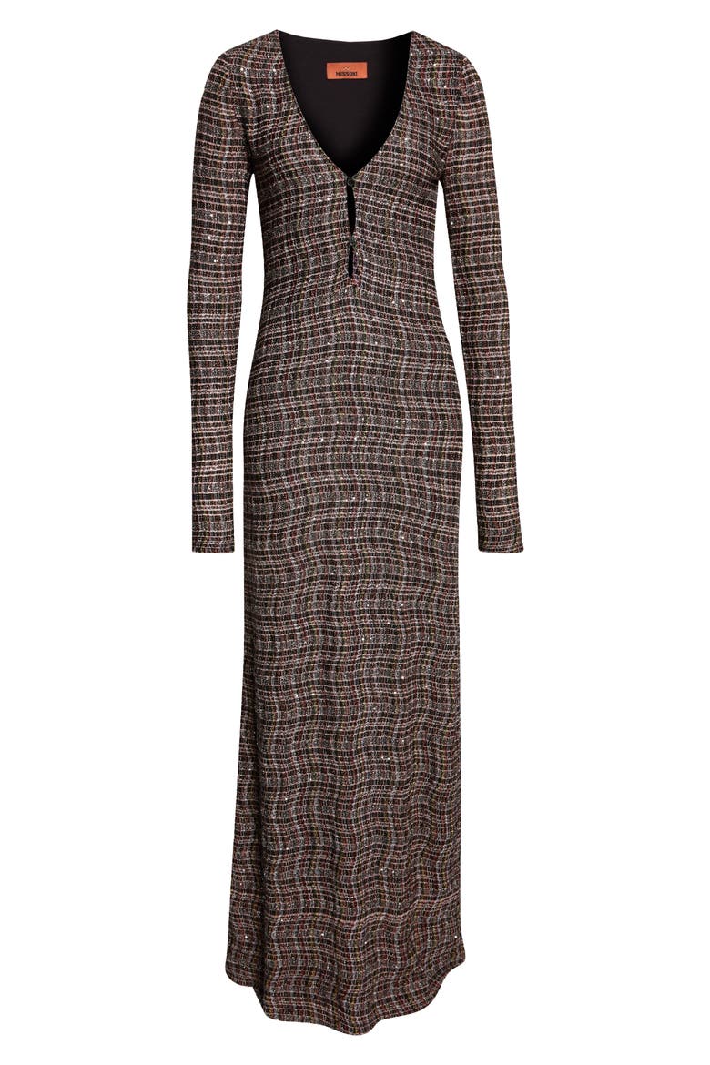 Long Sleeve Sequin Check Wool Blend Dress, Alternate, color, PINK AND BROWN TONES