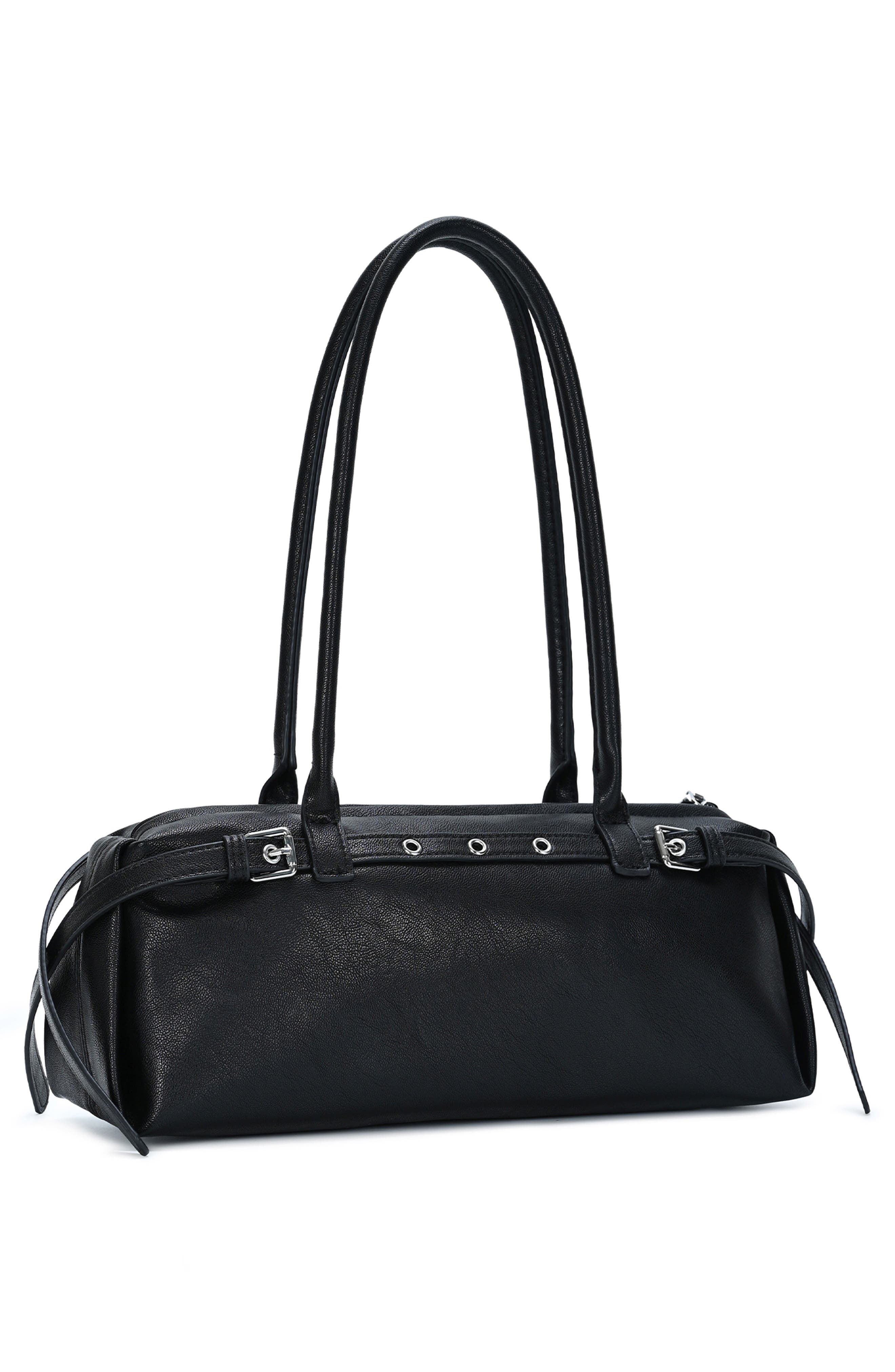 Belt Front Faux Leather Baguette Shoulder Bag, Alternate, color, BLACK