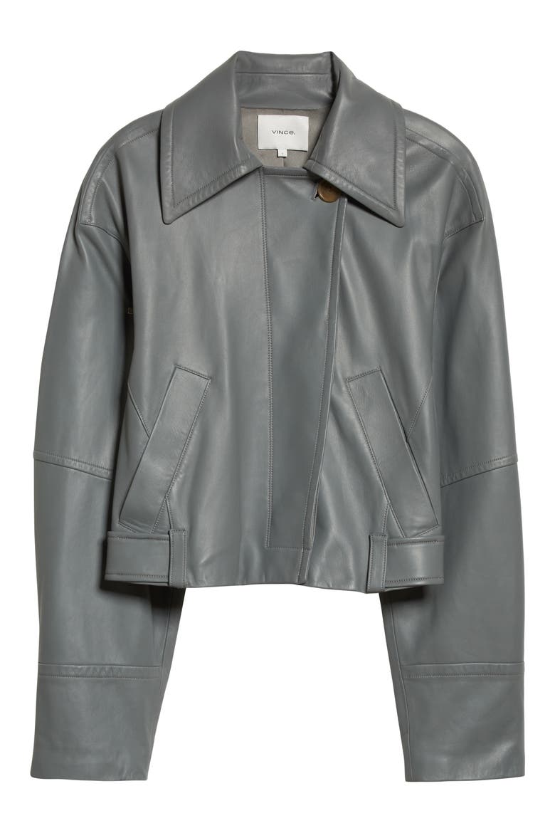 Asymmetric Crop Leather Jacket, Alternate, color, SEA STONE
