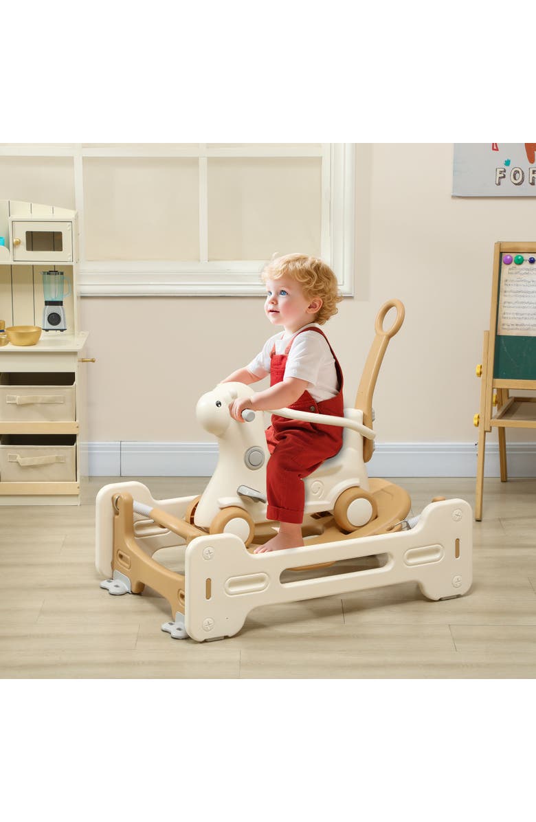 Qaba 5-in-1 Toddler Rocking Horse, Balance Board/Push Handle/Footrest, Alternate, color, Brown