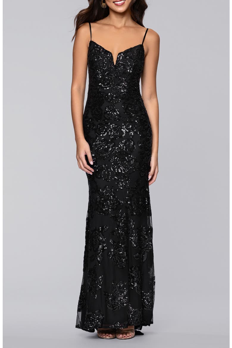 Sequin Rose Gown, Main, color, BLACK