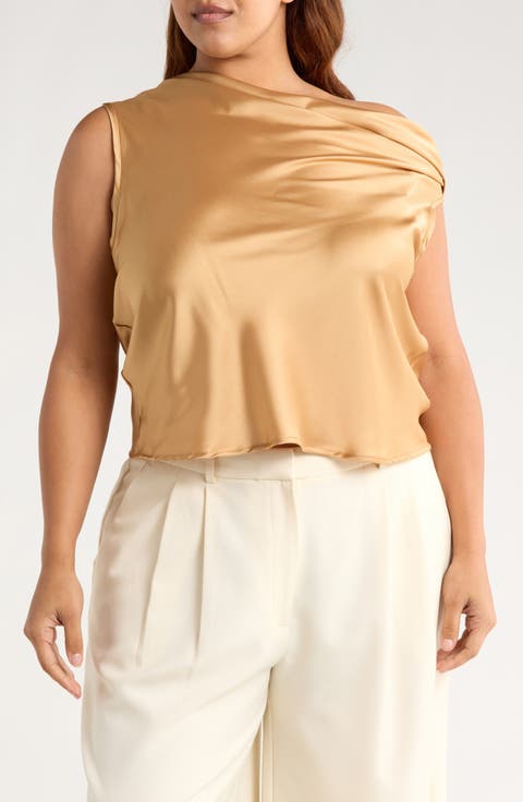 Cowl Off Shoulder Satin Top (Plus)
