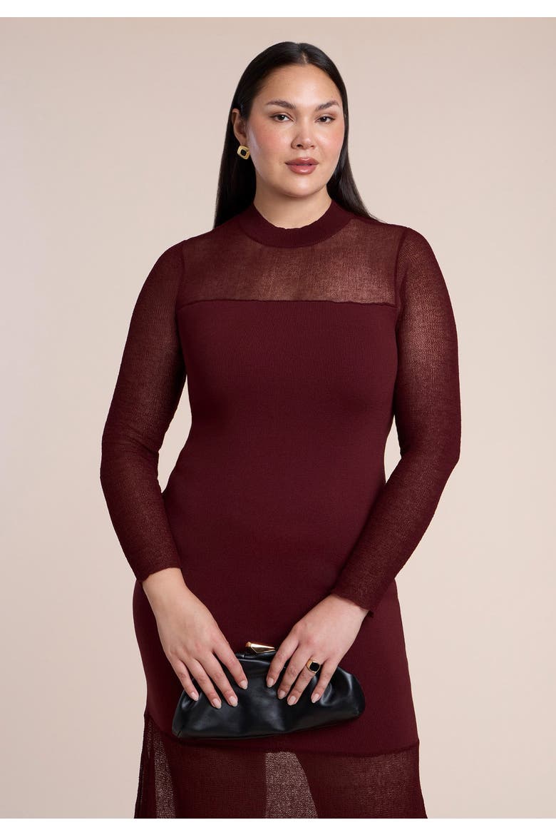 Sheer Panel Sweater Maxi Dress, Alternate, color, BURGUNDY