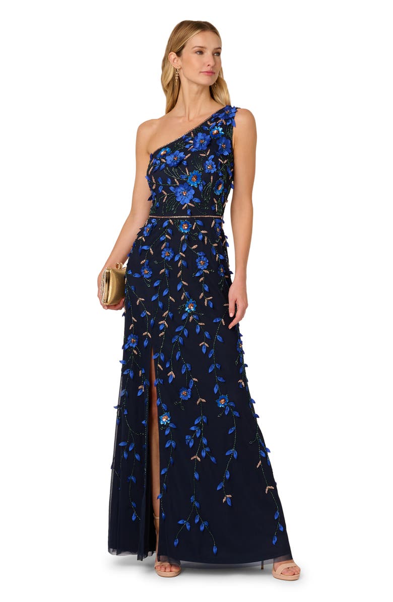 Adrianna Papell 3D Floral Beaded One-Shoulder A-Line Gown, Alternate, color, Navy/ Rose Gold