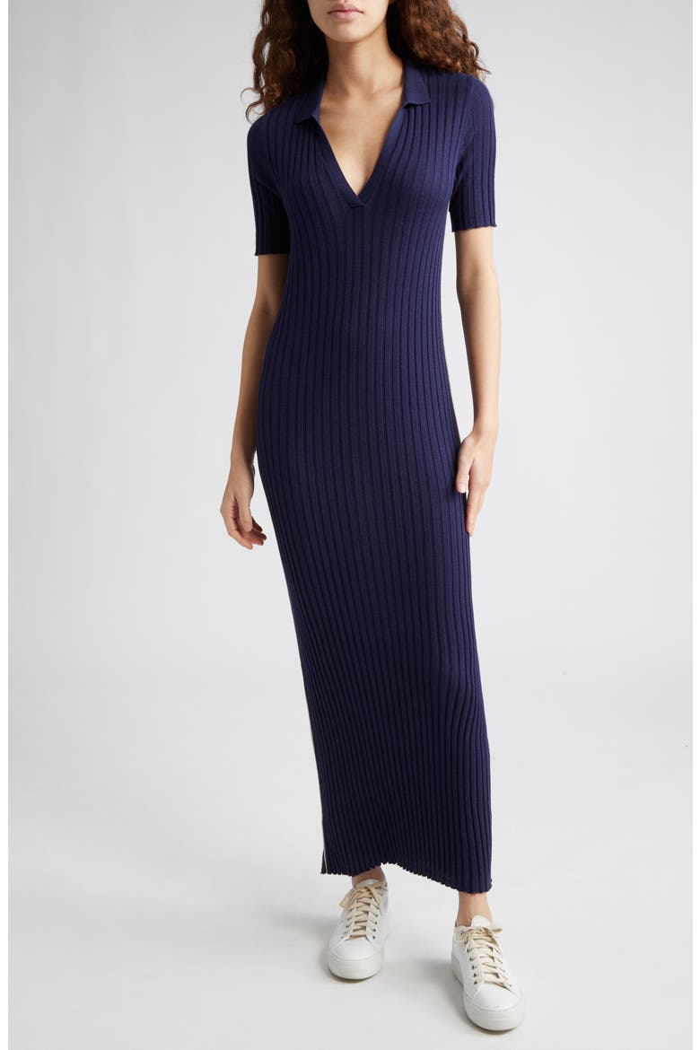 Split Neck Cotton & Silk Rib Dress, Main, color, NAVY