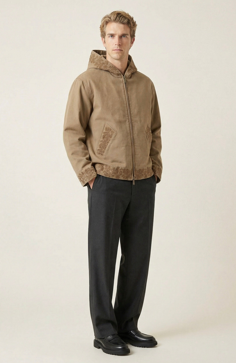 Modenaire Embroidered Trim Hooded Jacket, Alternate, color, Tan