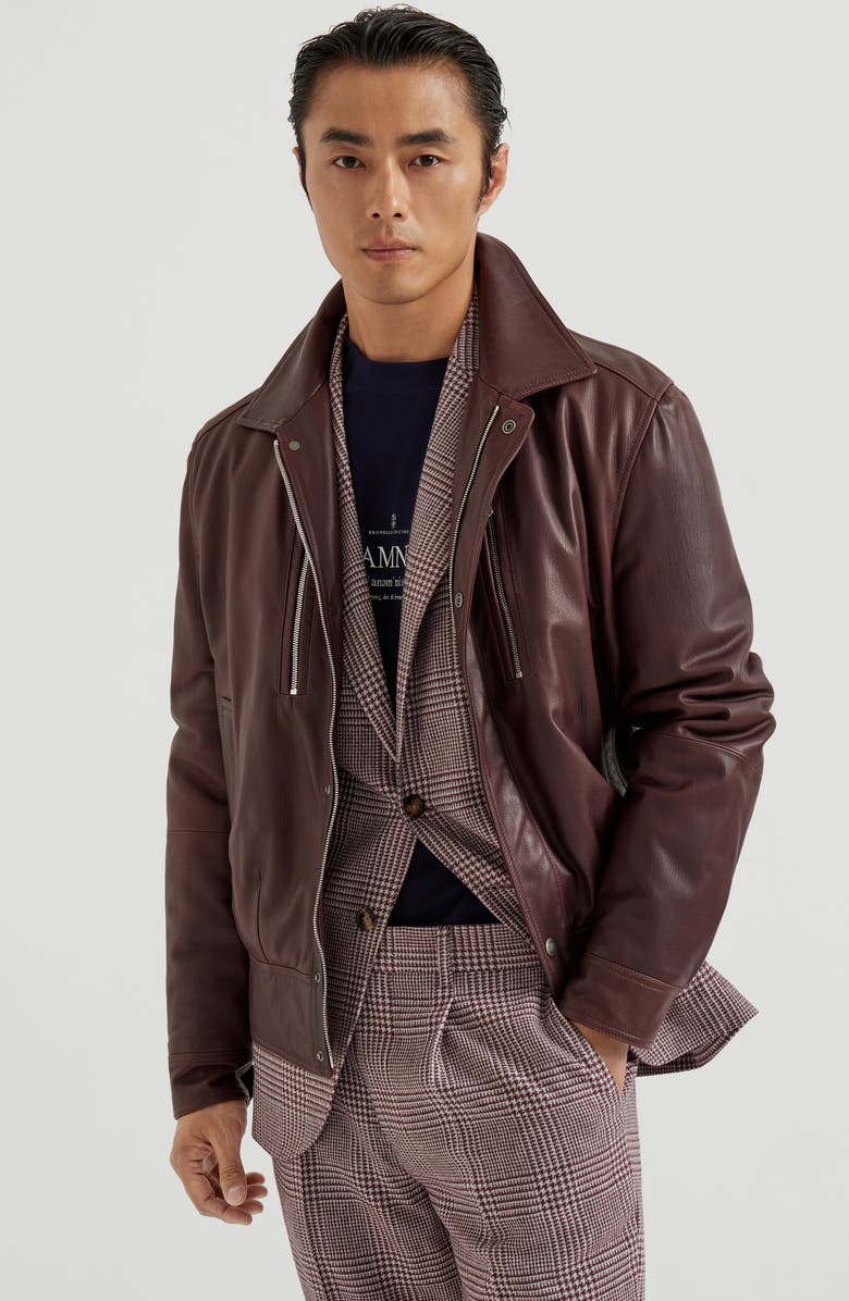 Brunello Cucinelli Nappa leather biker jacket, Alternate, color, Burgundy