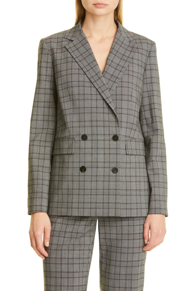 Women's Piazza Double Breasted Stretch Wool Blazer, Main, color, HEATHER GREY/ BURGUNDY