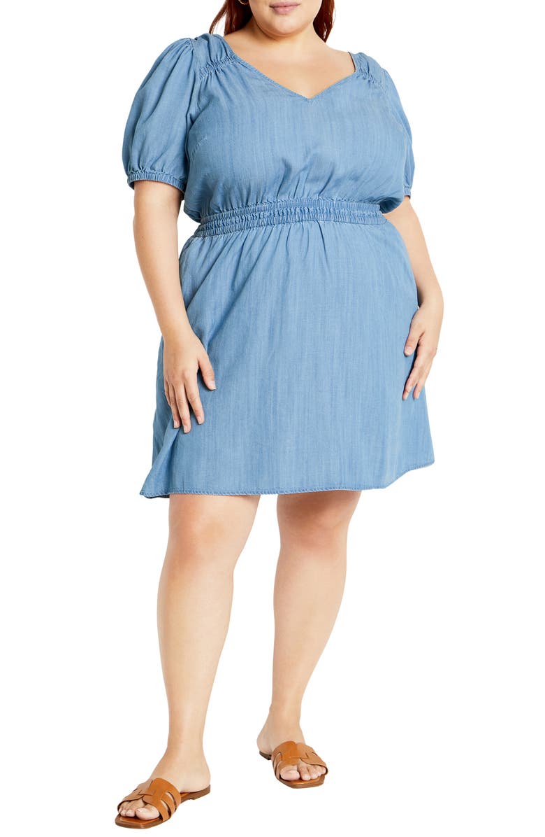 City Chic Emma Puff Sleeve Chambray Minidress, Main, color, 