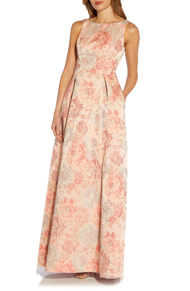 Adrianna Papell Floral Metallic Jacquard Evening Gown, Main, color, 