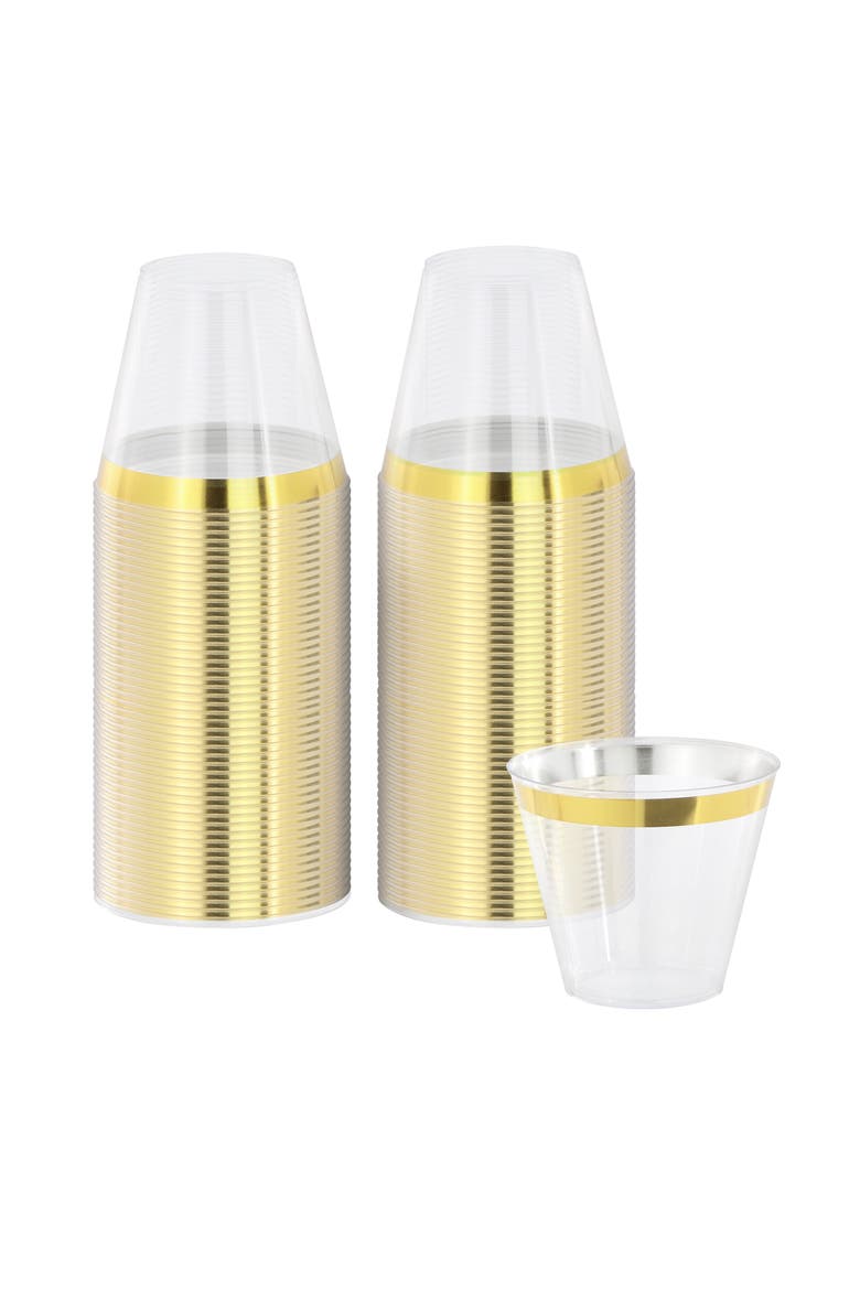 100 Piece 9 Ounce Disposable Gold Rimmed Party Cup Set, Main, color, Gold