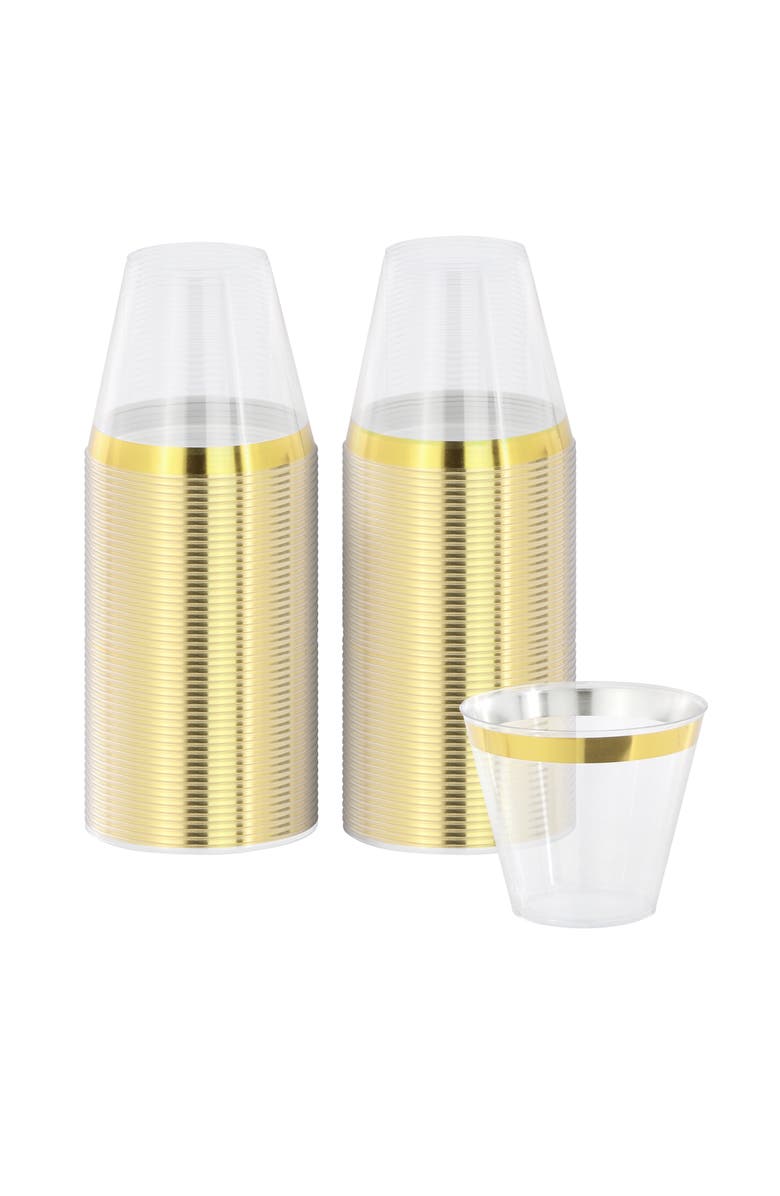 Elama 100 Piece 9 Ounce Disposable Plastic Gold Rimmed Party Cup Set, Main, color, Gold