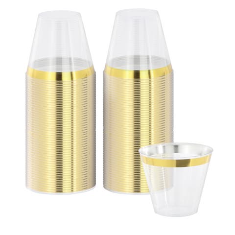 100 Piece 9 Ounce Disposable Plastic Gold Rimmed Party Cup Set