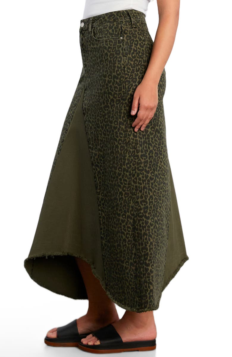 Wash Lab Denim Leopard Print Pieced Denim Midi Skirt, Alternate, color, Green Leopard