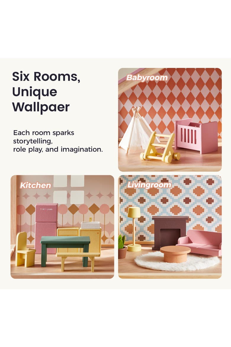 6 Room Wooden Dollhouse Set with 31 Piece Furniture for Kids, Alternate, color, Multicolor