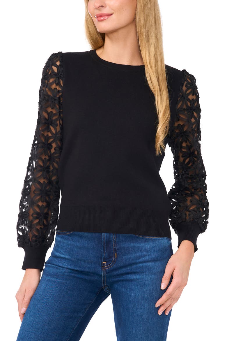 Mixed Media Lace Sleeve Sweater, Main, color, RICH BLACK