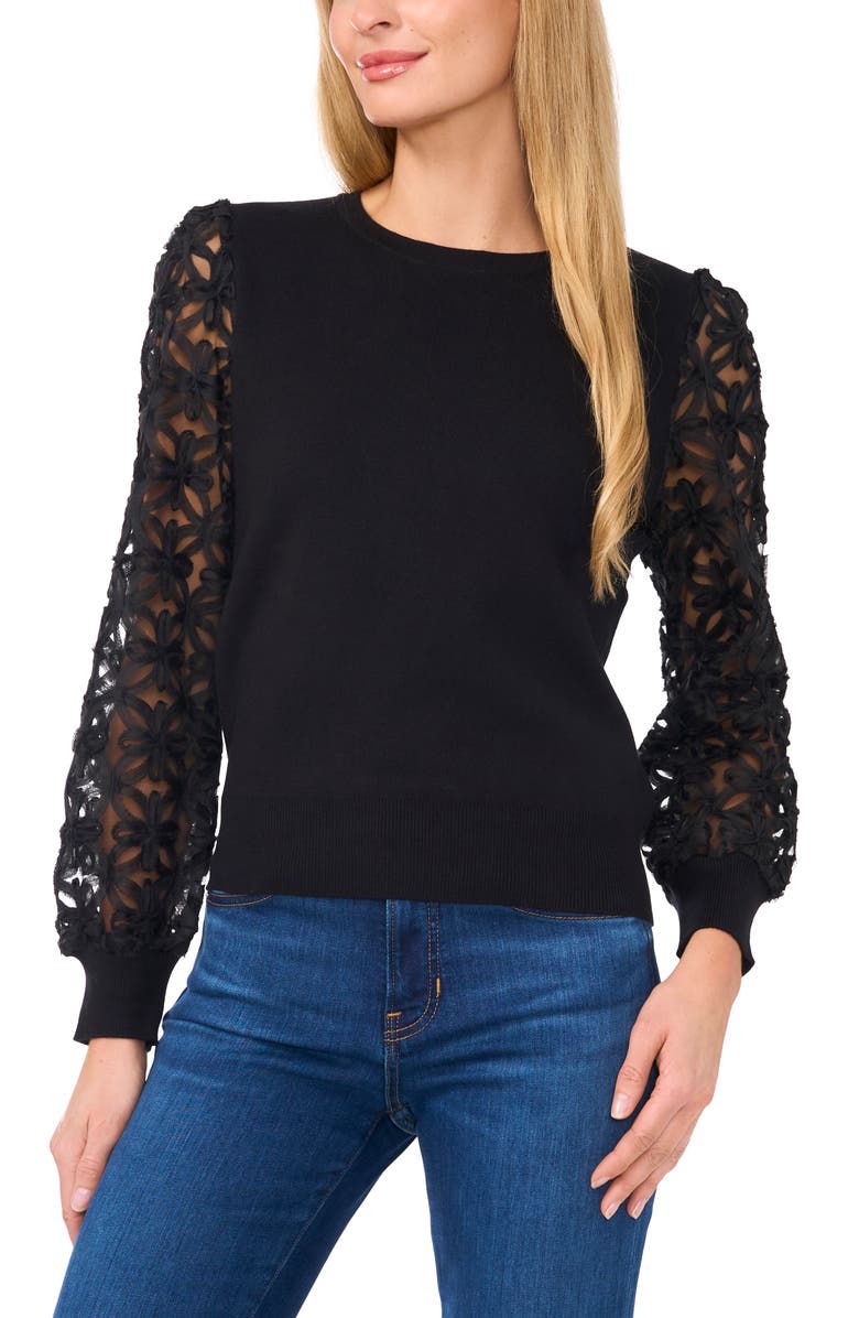 CeCe Mixed Media Lace Sleeve Sweater, Main, color, Rich Black