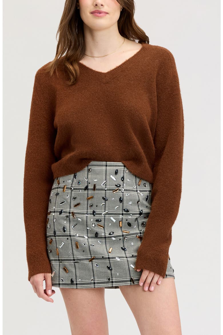 Deep V-Neck High Rib Sweater, Main, color, WALNUT