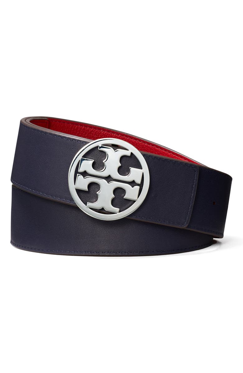 Tory Burch Miller 1.5-Inch Reversible Logo Belt, Main, color, Tory Red / Tory Navy / Silver