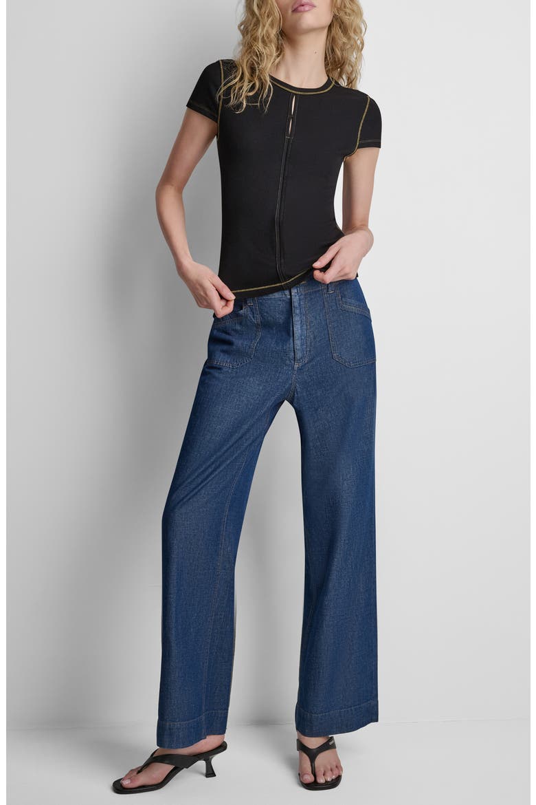 Contrast Stitch Cutout Detail Rib Top, Alternate, color, BLACK
