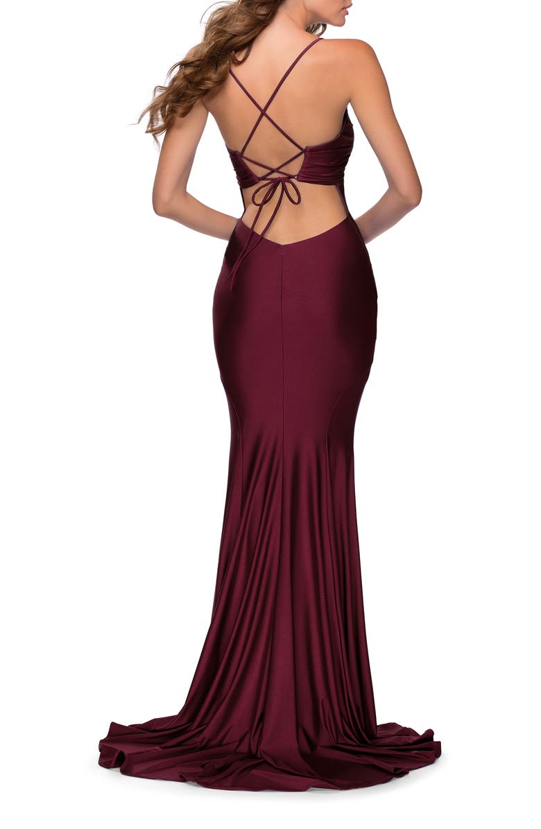 La Femme Form Fitting Dress with Ruched Bow Bodice, Alternate, color, Dark Berry