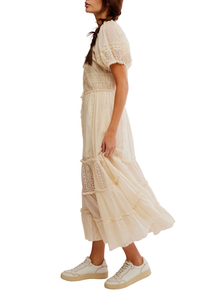 falling sun square neck short puff sleeve tiered midi dress Falling Sun Puff Sleeve Midi Dress (Women)