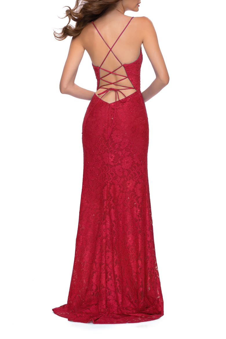 Lace Long Dress with Scallop Detail on Skirt Slit, Alternate, color, Red