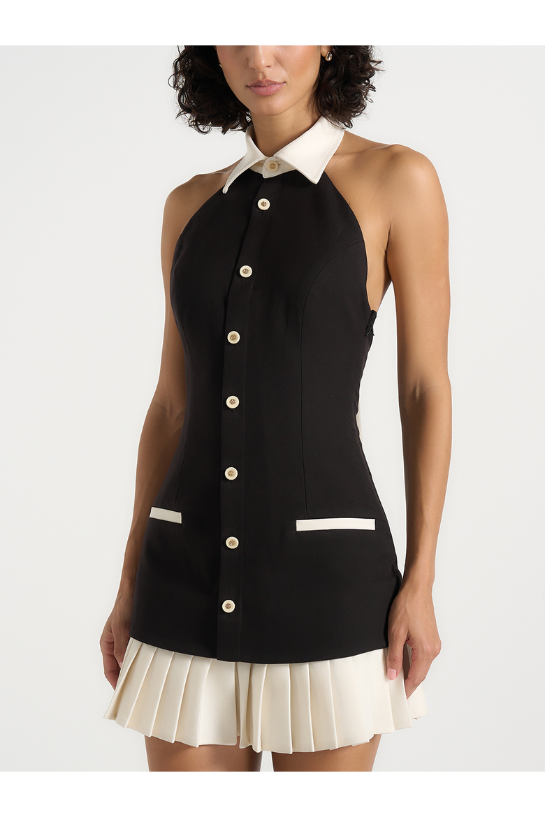 Jasmine Halterneck Pleated Mini Dress, Alternate, color, Black