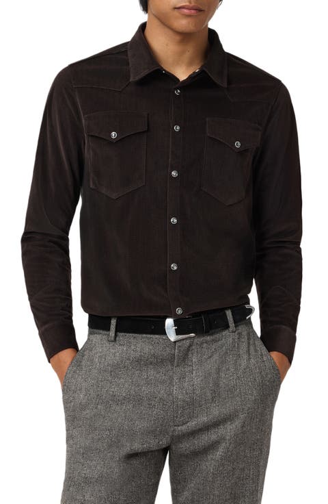 Andres Western Herringbone Faux Suede Snap-Up Shirt