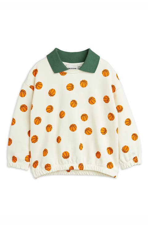 Kids' Basketball Print Organic Cotton Polo Collar Sweatshirt (Toddler & Little Kid)