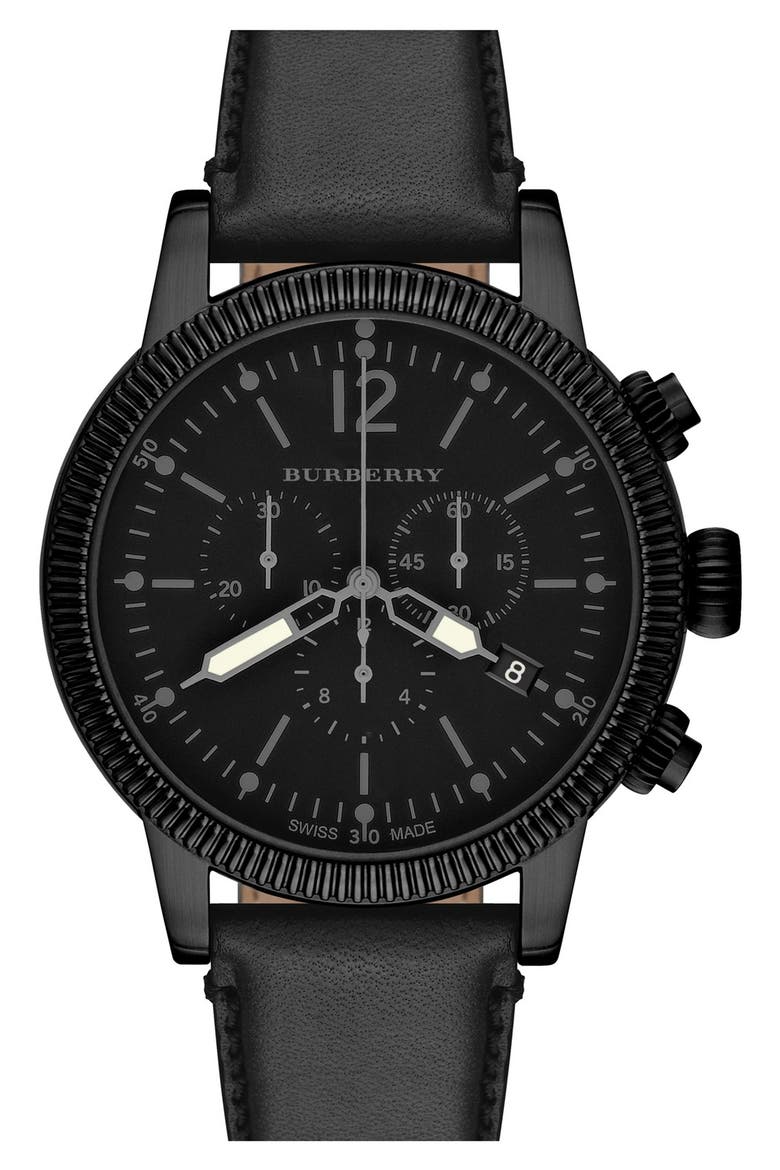 Round Leather Strap Watch, 42mm, Main, color, BLACK