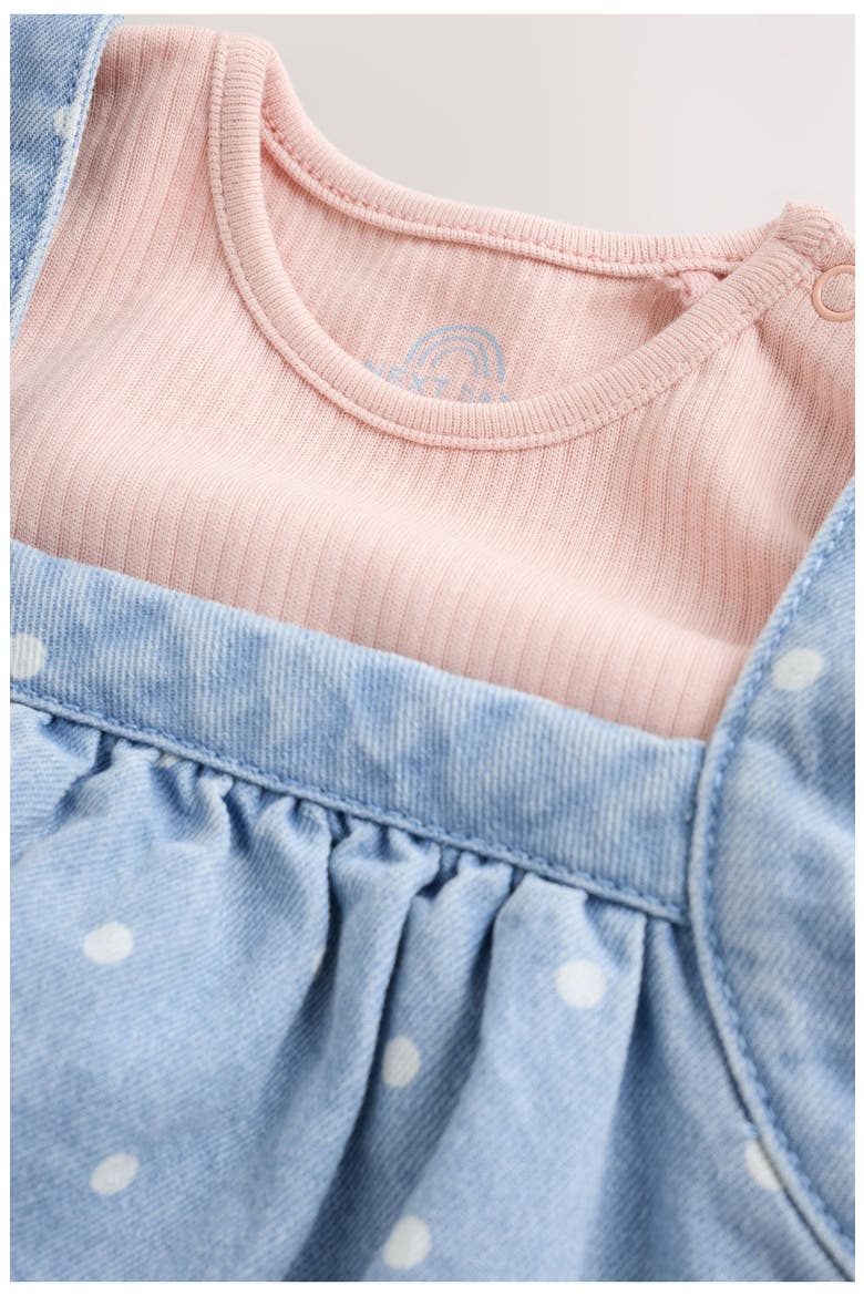 Kids' Polka Dot Denim Pinafore Set, Alternate, color, BLUE