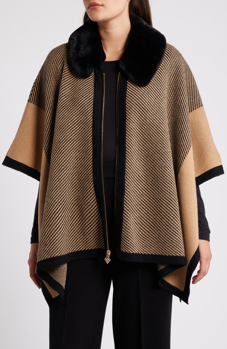 Anne Klein Faux Fur Collar Zip Poncho, Alternate, color, 