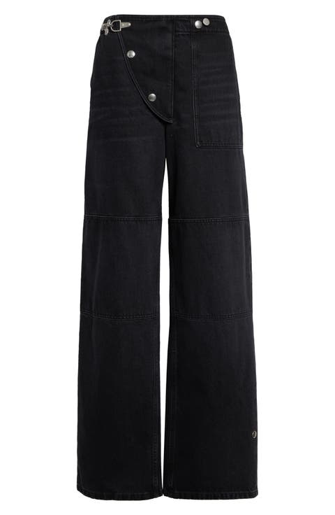 High Waist Snap Fly Panel Wide Leg Jeans
