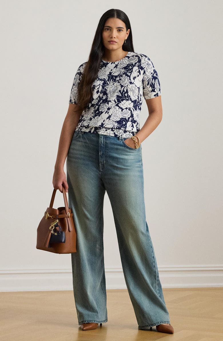 Lauren Ralph Lauren Short Sleeve Sweater, Alternate, color, White/ Navy