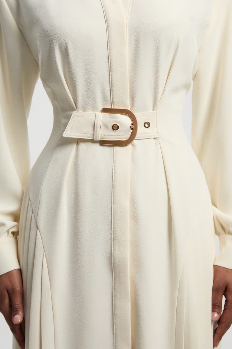 Tailored Crepe Belted Pleated Midi Dress, Alternate, color, Ivory