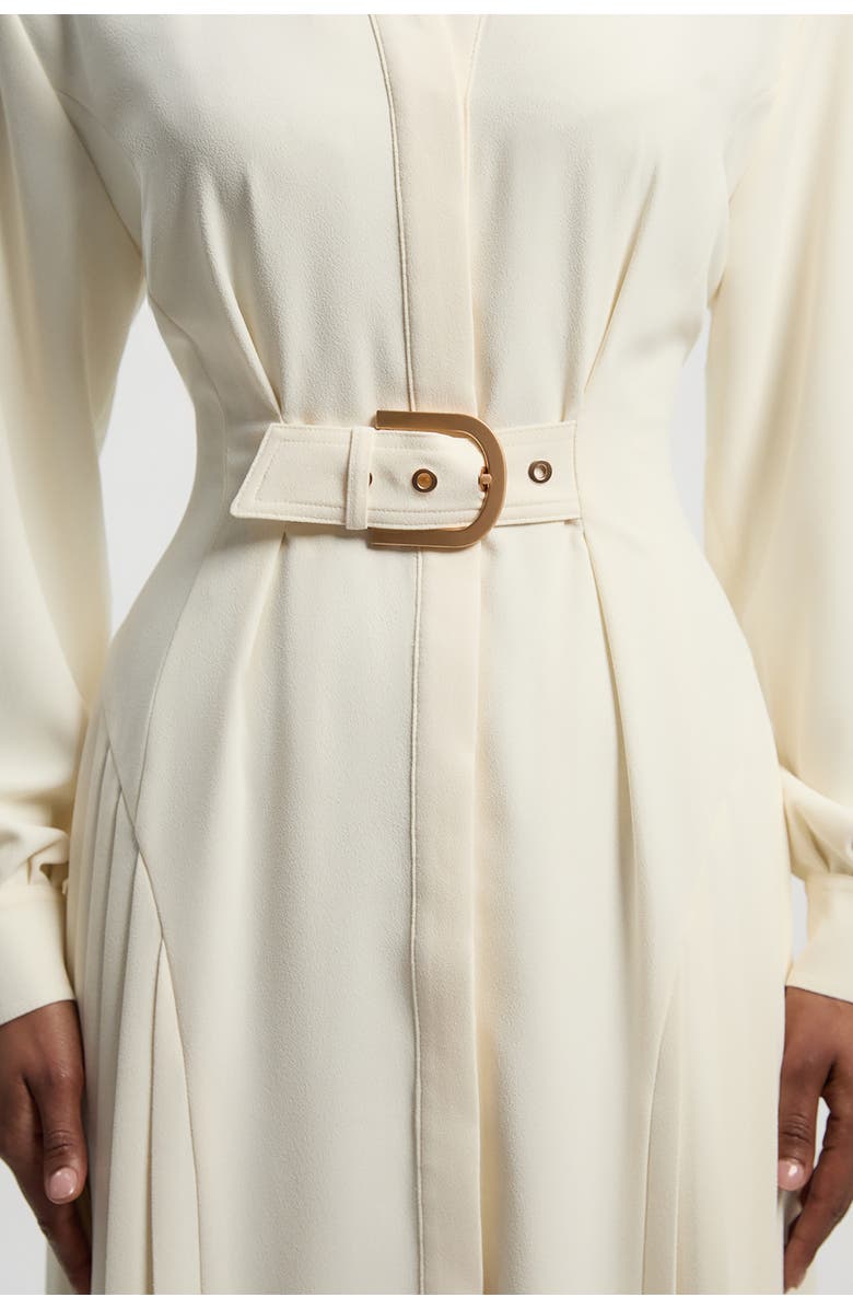 Karen Millen Tailored Crepe Belted Pleated Midi Dress, Alternate, color, Ivory