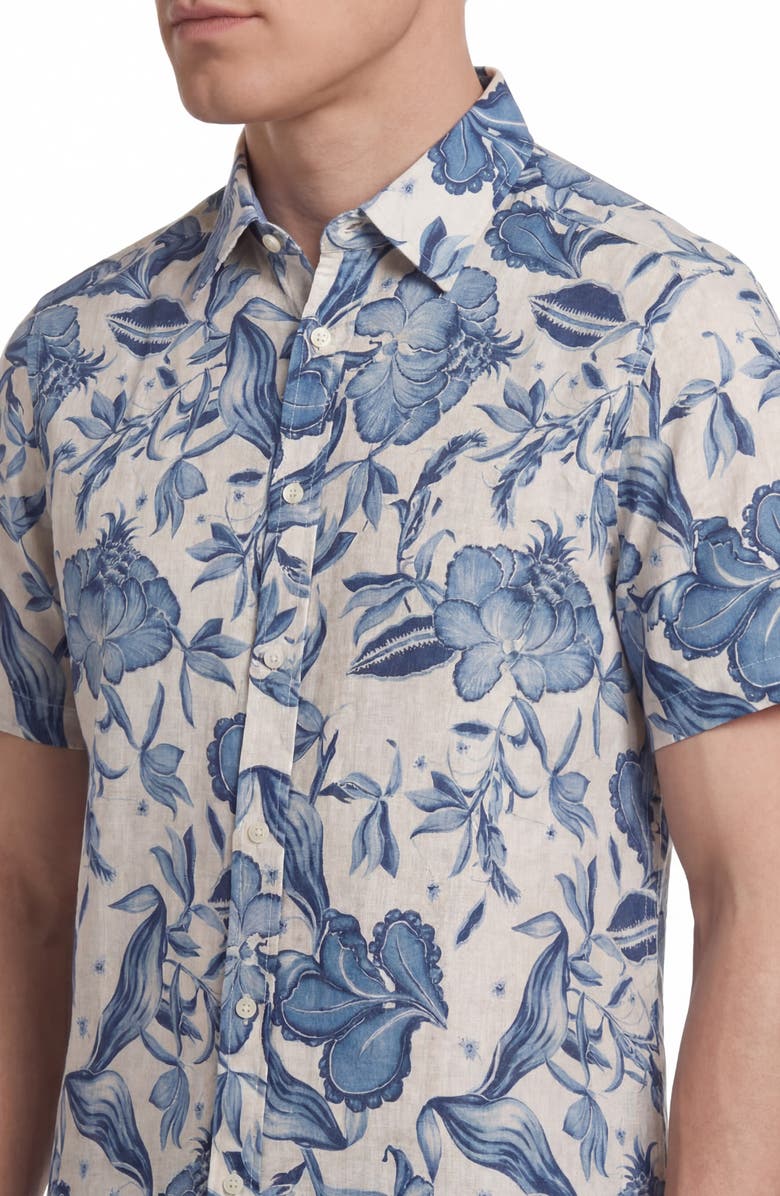 Report Collection Floral Print Short Sleeve Linen & Cotton Blend Button-Up Shirt, Alternate, color, 40 Blue