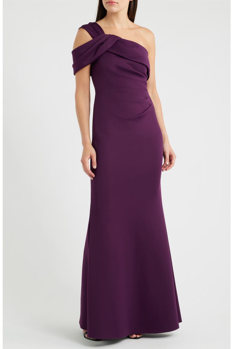 Side Tuck One-Shoulder Gown, Main, color, EGGPLANT
