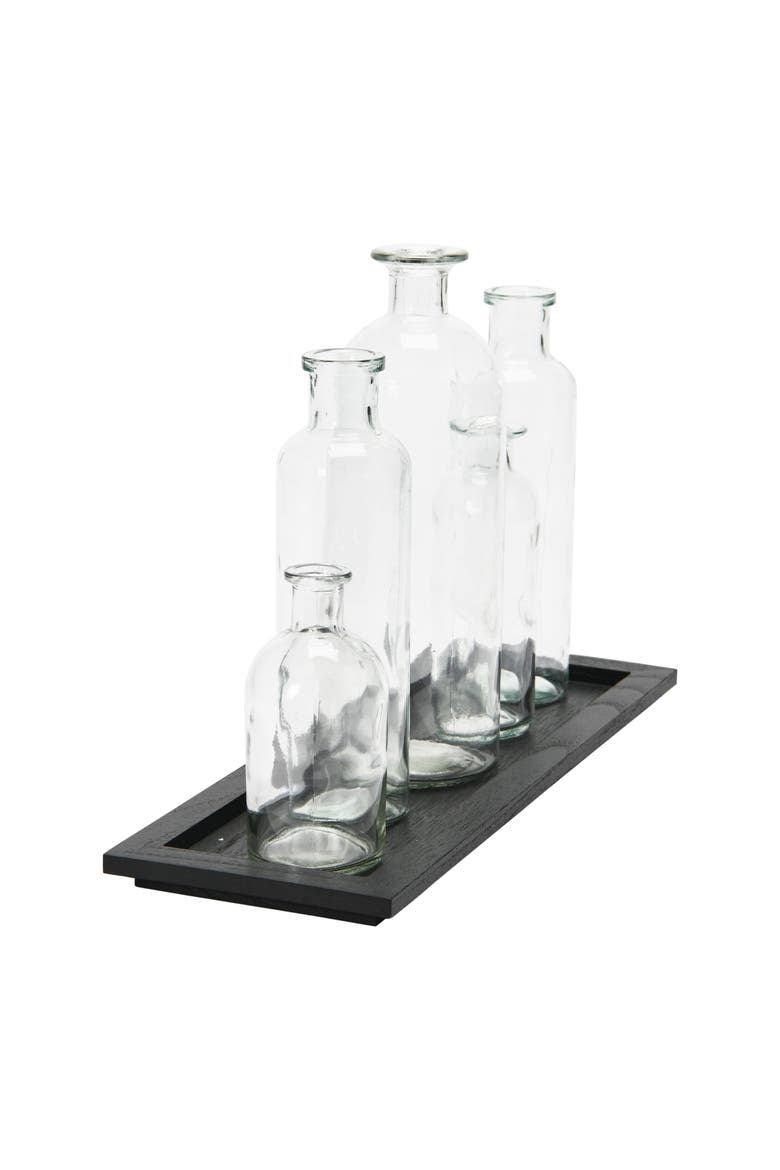 Black Wood Tray with Glass Bottle Vases, Set of 5, Alternate, color, Black