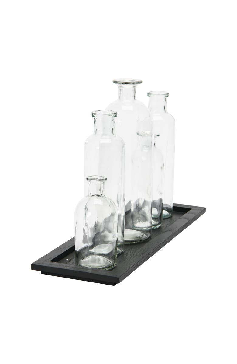 Storied Home Black Wood Tray with Glass Bottle Vases, Set of 5 Sizes, Alternate, color, Black
